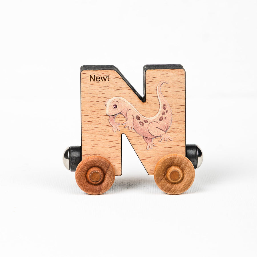Wooden alphabet train letter N car with an animal illustration and wheels