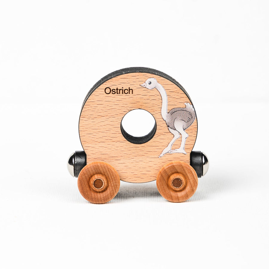 Wooden alphabet train letter O car with an animal illustration and wheels