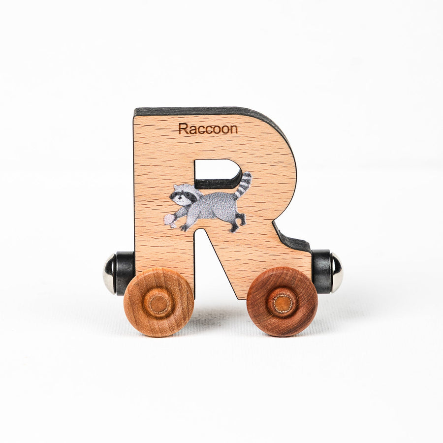 Wooden alphabet train letter R car with an animal illustration and wheels
