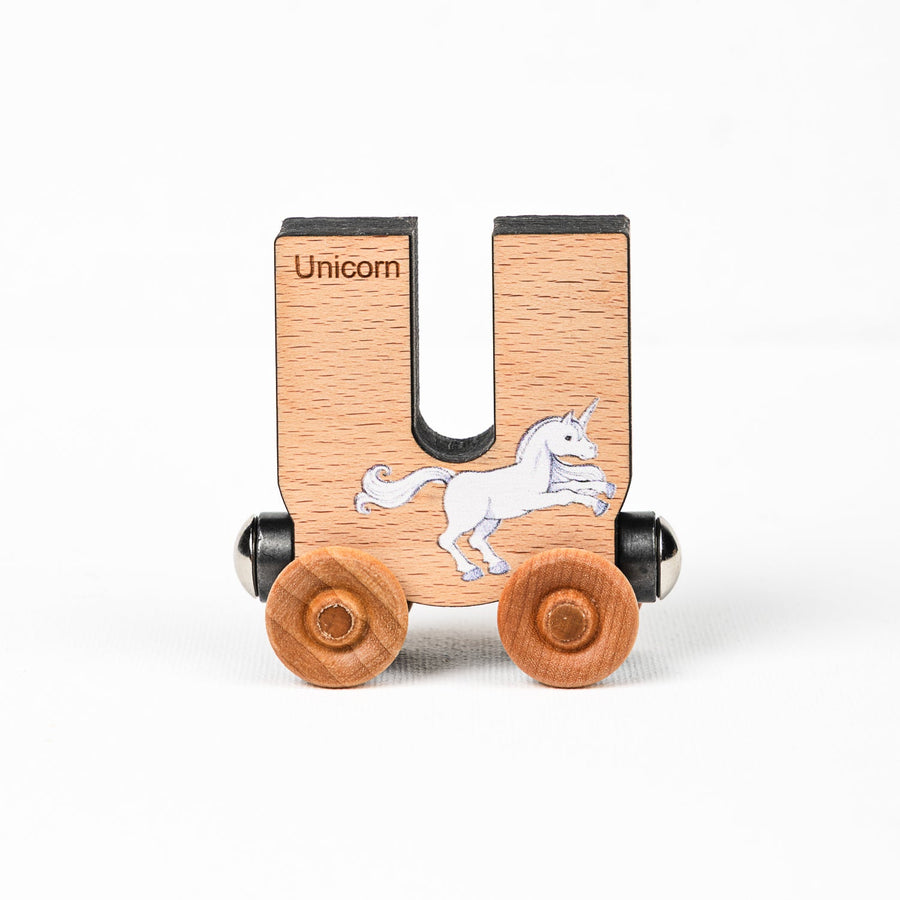 Wooden alphabet train letter U car with an animal illustration and wheels