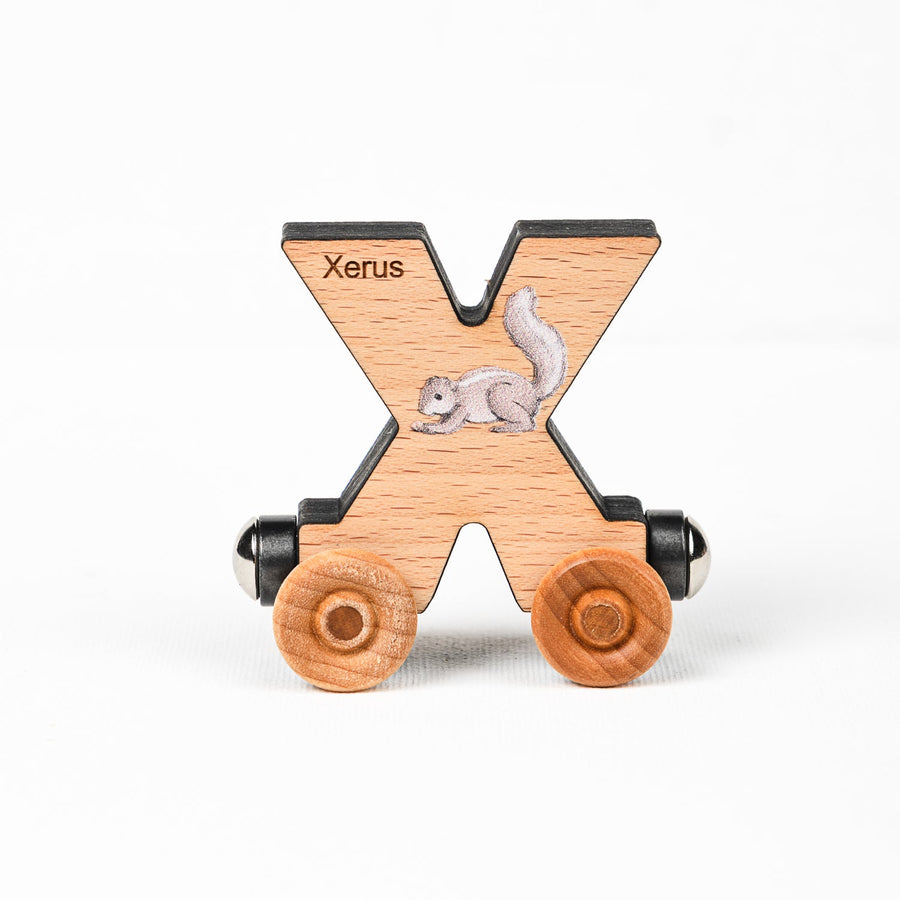 Wooden alphabet train letter X car with an animal illustration and wheels