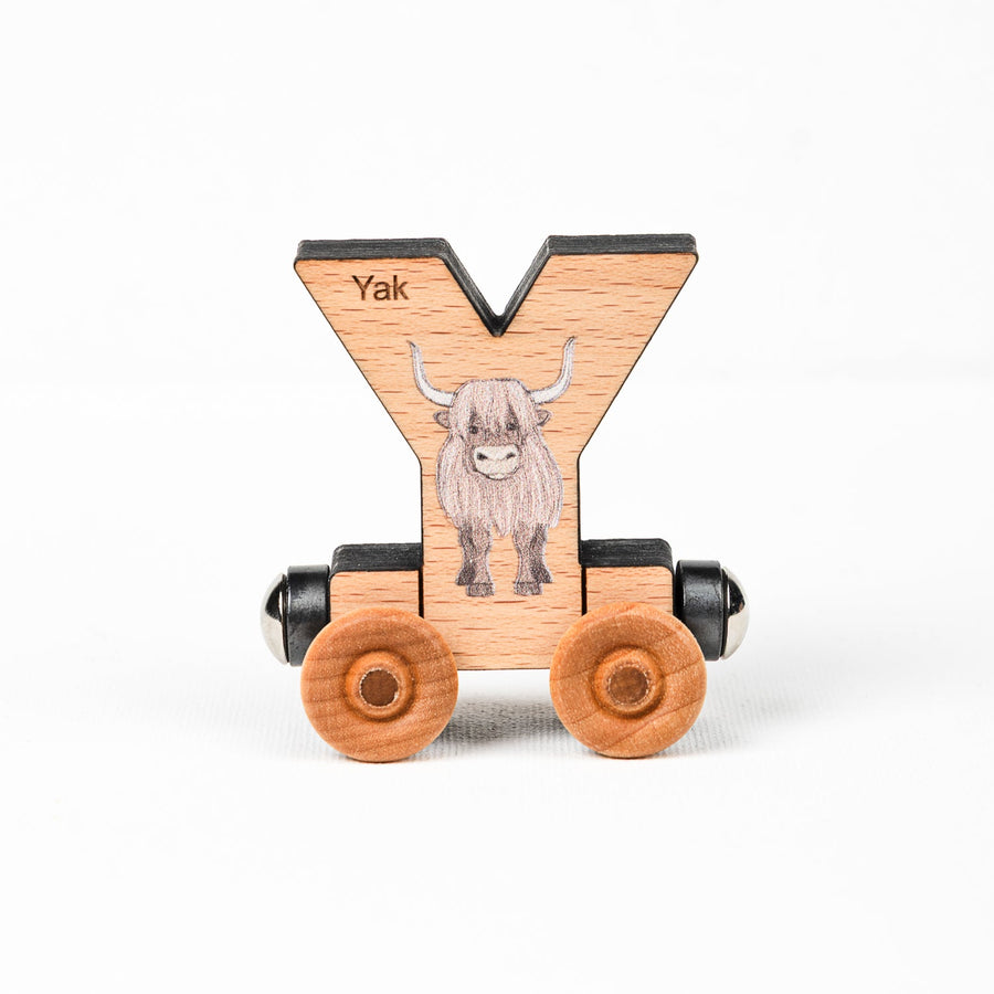 Wooden alphabet train letter Y car with an animal illustration and wheels