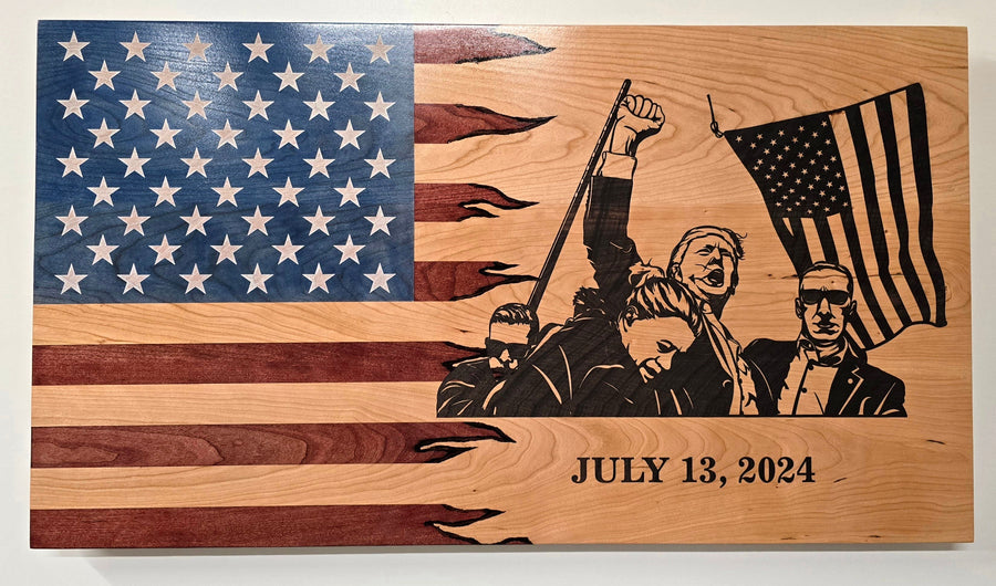 American-made Trump Fight Flag engraved on cherry wood with Donald Trump, American flag and July 13, 2024 date