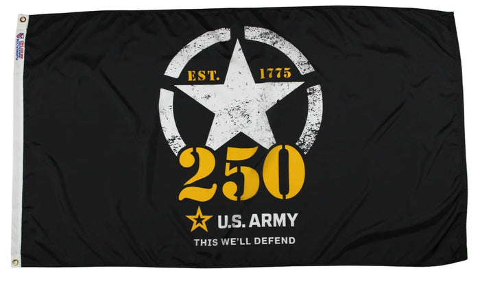 U.S. Army 250th anniversary flag with white star, EST. 1775 and This We’ll Defend design