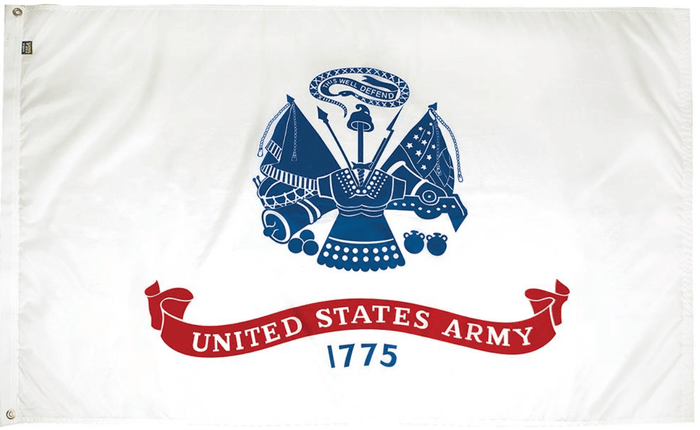White U.S. Army flag with blue Army emblem, red United States Army banner and 1775