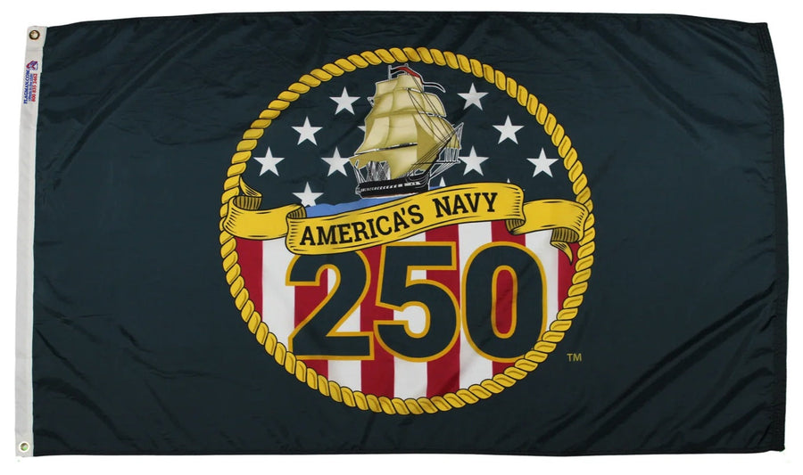 U.S. Navy 250th Anniversary flag with tall ship, stars and commemorative 250 design