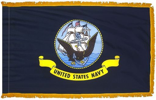 U.S. Navy indoor parade flag with Navy emblem and gold fringe