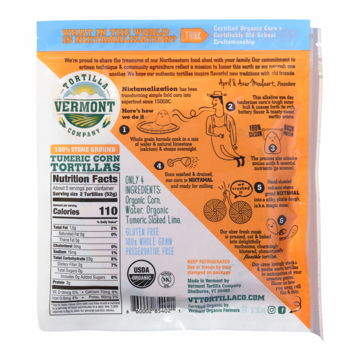Vermont Tortilla Company 6" Organic Turmeric Heirloom Corn Tortillas - 8 bags x 10 tortillas by Farm2Me