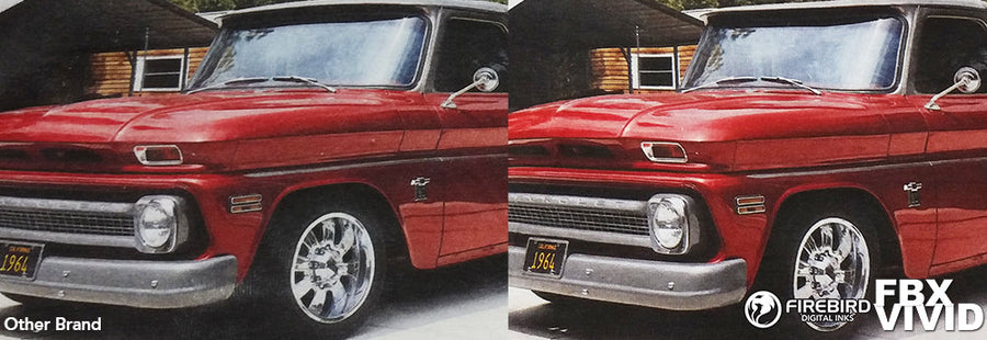 Side-by-side red truck print comparison for FBX-VIVID pretreatment