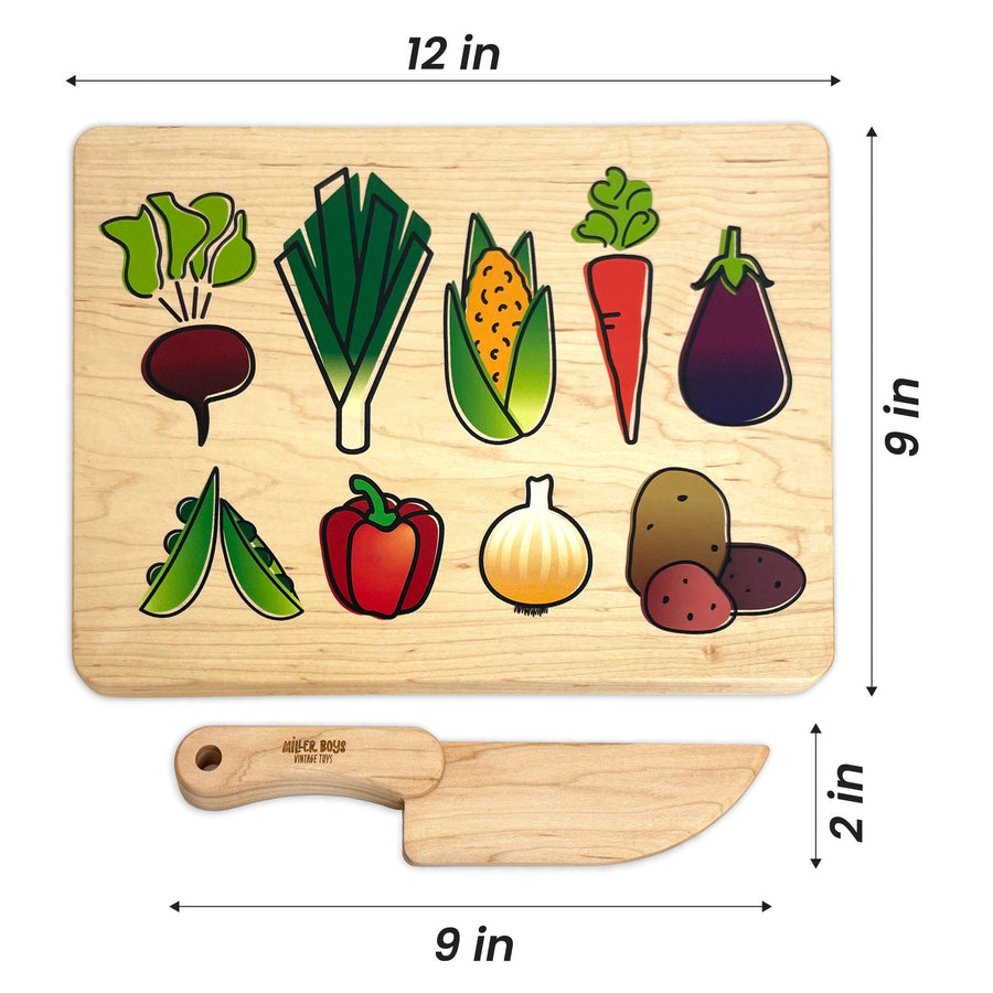 Vegetable Kids Maple Cutting Board & Wooden Knife Set with dimension annotations