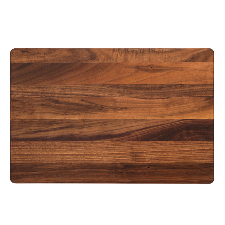 Walnut rectangular cutting board showing a plain long-grain surface