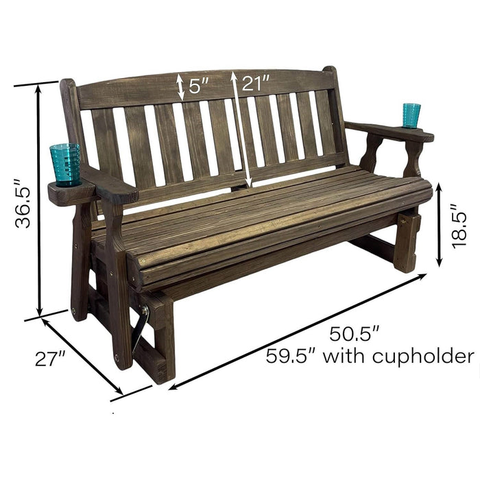 4Ft Heavy Duty Porch Glider Bench With Cupholders In Dark Walnut Made In Usa