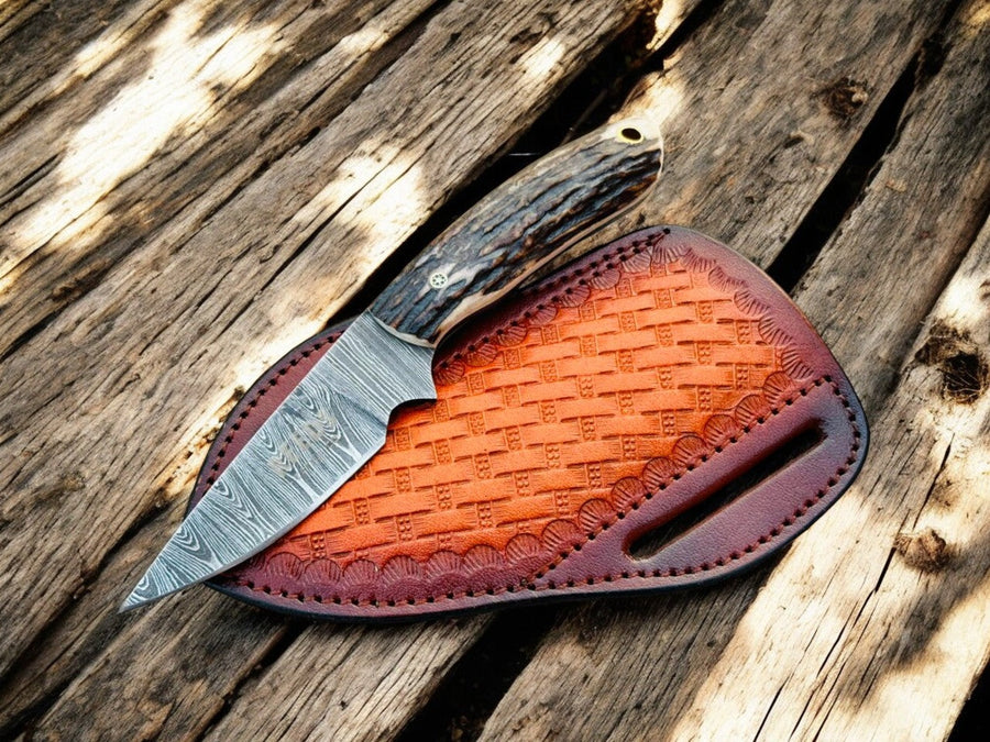 Belt Knife 3.5" Damascus Blade with Antler Horn Handle & Sheath