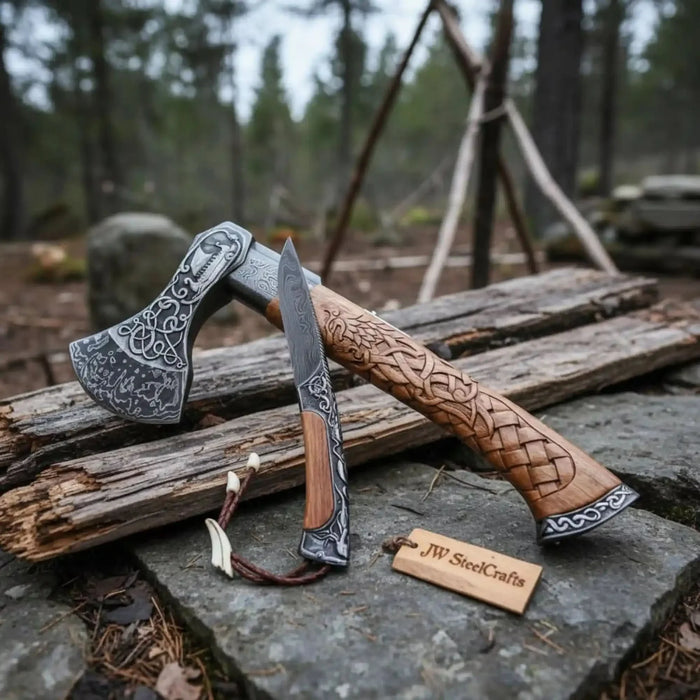 Hand Engraved Damascus Viking Axe with Carved Hardwood Handle and Matching Damascus Knife | Norse Collector Axe Set | JW SteelCrafts