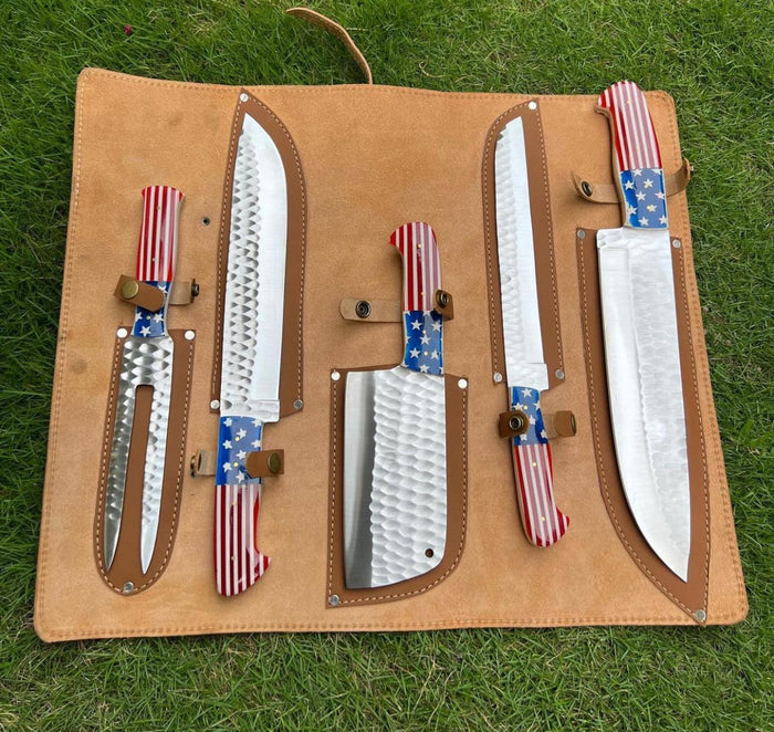 5 pieces Hand Forged D2 steel USA Flag kitchen chef knives