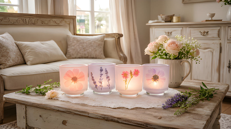 Frosted Glass Votive Candle Holder With Pressed Flowers Set of 4