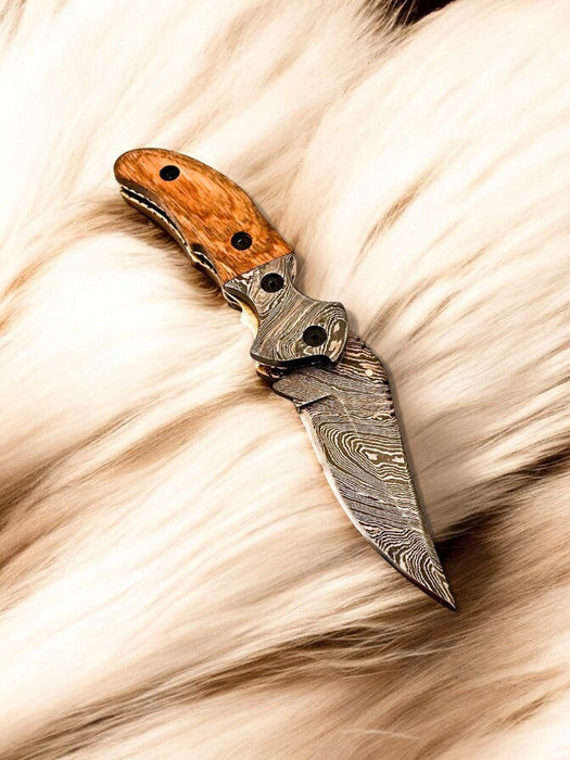 Custom Handmade Damascus Steel Pocket Knife with Olive Wood Handle