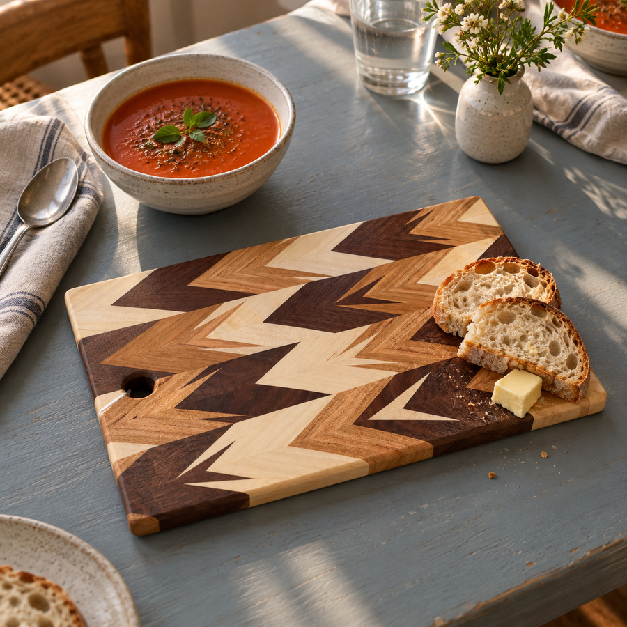 Chevron wood serving board with sliced bread beside a bowl of soup; styled example.