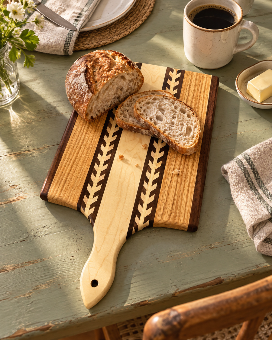 Wheat-pattern paddle board holding sliced bread beside coffee and butter; styled example.