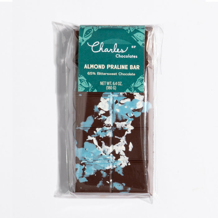 Almond Praline Crunch Dark Chocolate Bars in labeled packaging