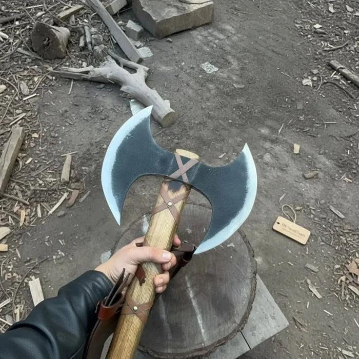 Handcrafted Double-Head Decorative Axe with Wooden Handle – JW SteelCrafts