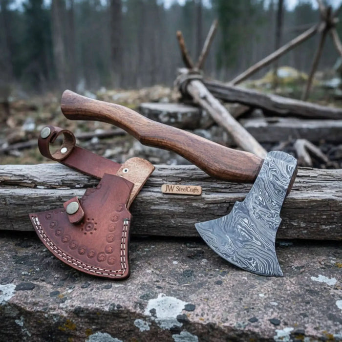 Handcrafted Damascus Utility Hatchet – Bearded Blade Style, Solid Wood Handle, Sheath Included