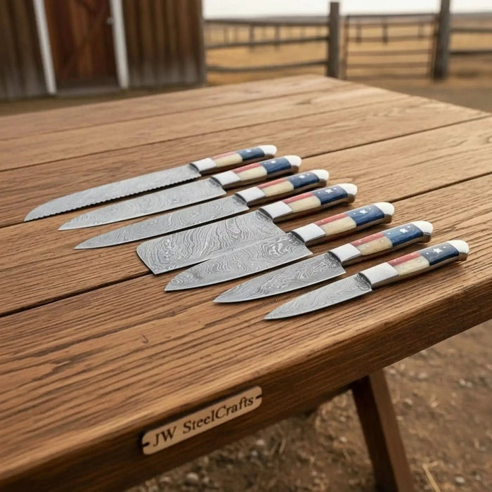 Handmade Damascus Mixed Chef Knife Set (Bread, Chef, Santoku & Utility) – Texas Flag Handles, Full Tang