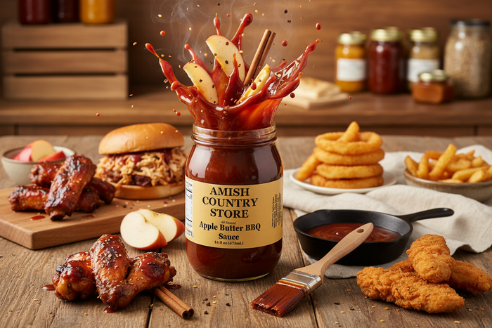 Apple Butter BBQ Sauce jar with barbecue foods, fries, and dipping sauce in a styled serving scene.
