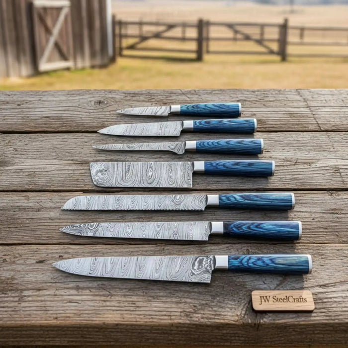 Artisan Damascus Specialty Chef Set — Sujihiki Carver, Nakiri Cleaver & Bunka/Petty Trio Collection