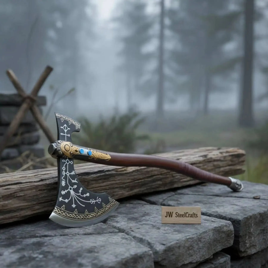 Hand Forged Viking Fantasy Double-Bit Axe with Norse Engraving, Gold Handle Fittings and Blue Gemstone Inlays