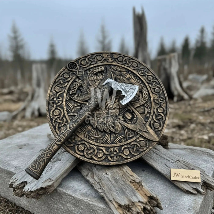 Handcrafted Viking Shield and Engraved Axe Set with Raven Motif and Norse Knotwork