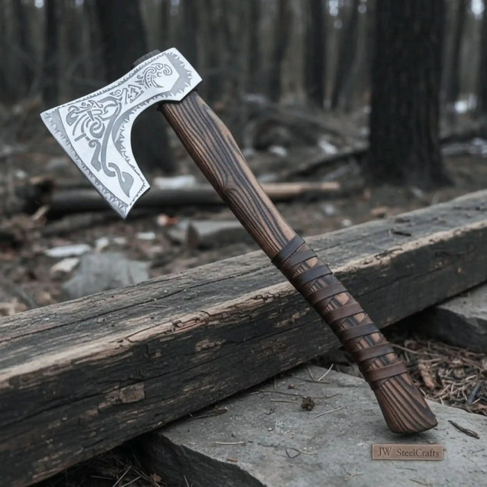 Hand Forged Carbon Steel Viking Axe with Carved Ash Wood Handle and Leather Grip