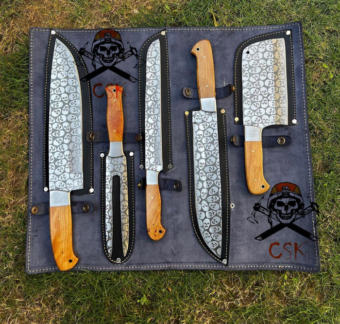 5 pieces Custom made D2 steel laser Etched Blades chef knives set