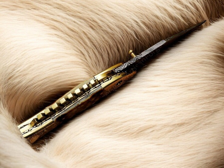 Handmade Damascus Pocket Knife – Bone Handle & Brass Engraving