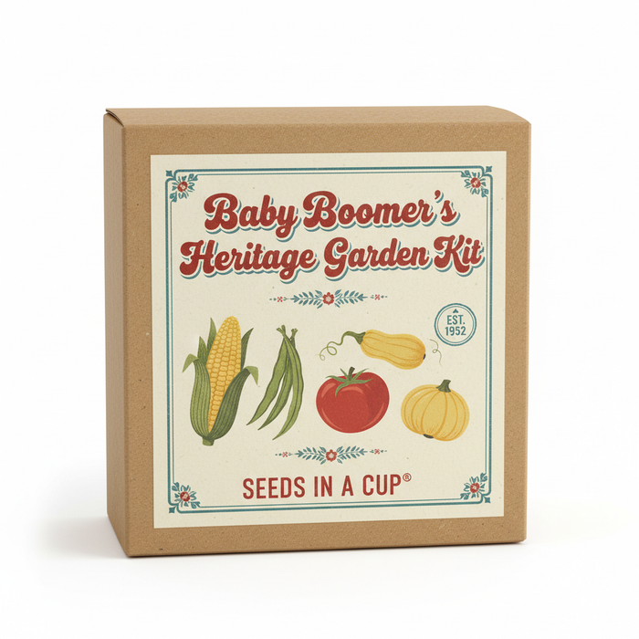 Baby Boomer's Heritage Garden Kit | Sweet Corn, Green Beans, Tomato & Squash | Seeds In A Cup®