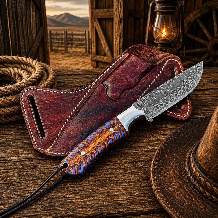 Back Belt Sheath Knife – 4" Damascus Steel Pinecone Handle