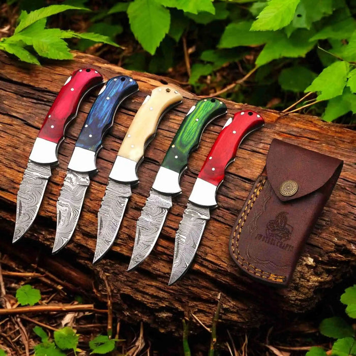 Handmade Damascus Steel Folding Knife with Camel Bone Handle & 5 Handle Options