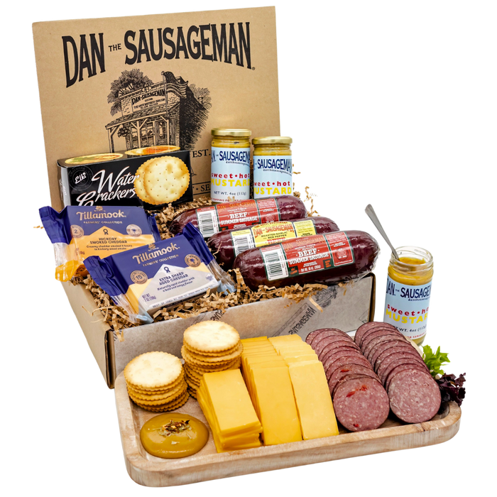 Bare Necessities gift box with three summer sausages, cheese, crackers and mustard; serving display