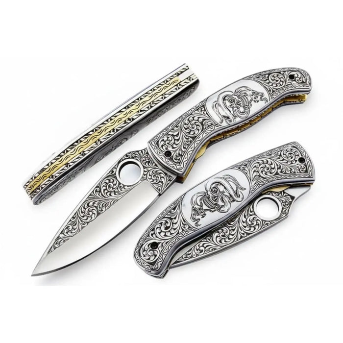 Handmade Damascus Folding Knife, Engraved Bone Handle Pocket Knife, Custom EDC Folder | JW SteelCrafts