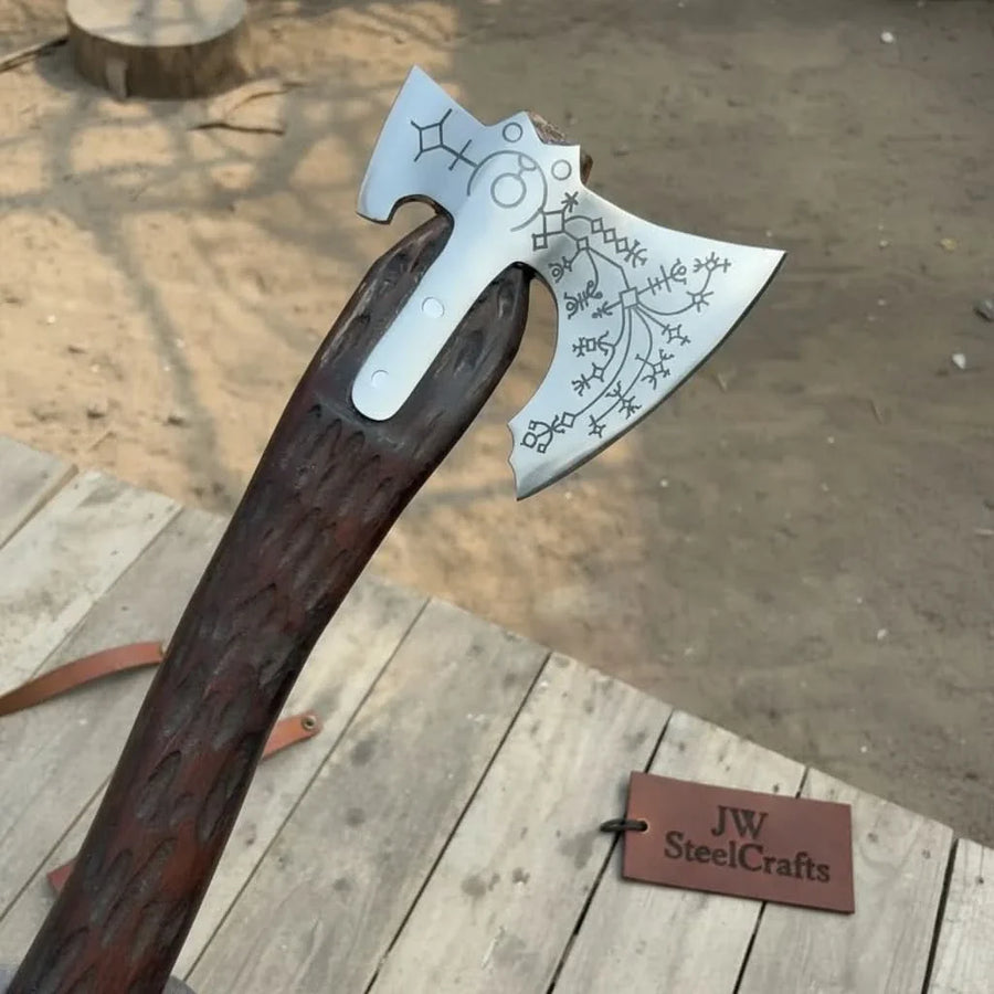 Handmade Viking Double-Bit Carbon Steel Axe with Norse Rune Etching and Engraved Hardwood Handle