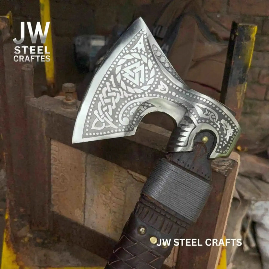 Viking Style Engraved Axe | Handcrafted Leather Wrapped Handle
