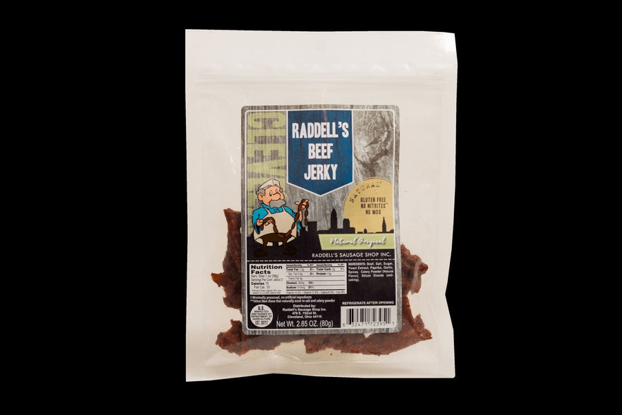 Original beef jerky, 2.85 oz bag showing nutrition facts and ingredients