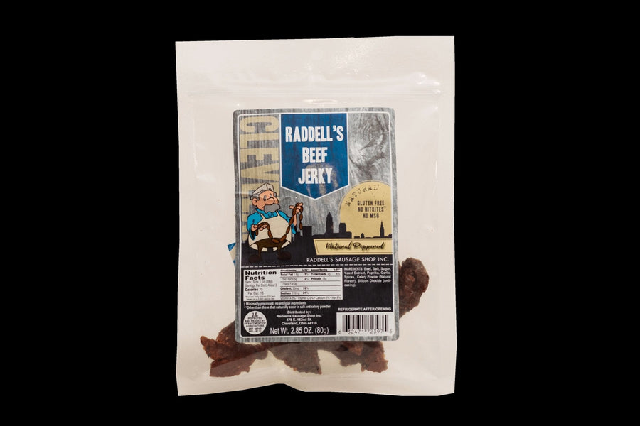 Peppered beef jerky, 2.85 oz bag showing nutrition facts and ingredients