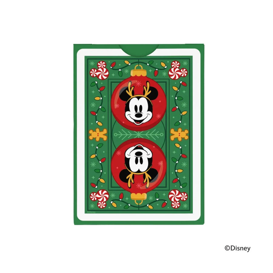 Green holiday card back with mirrored Mickey ornament portraits