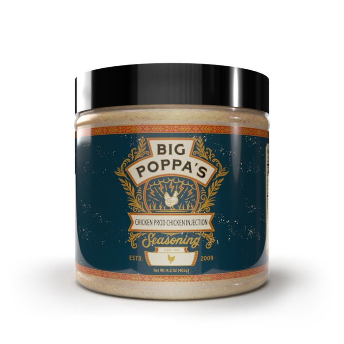 Chicken Prod Chicken Injection Mix: 14.2 oz container with blue label and black lid
