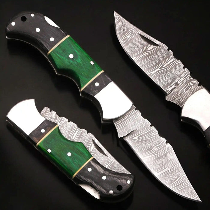 Damascus Folding Knife with Green and Black Pakka Wood Handle
