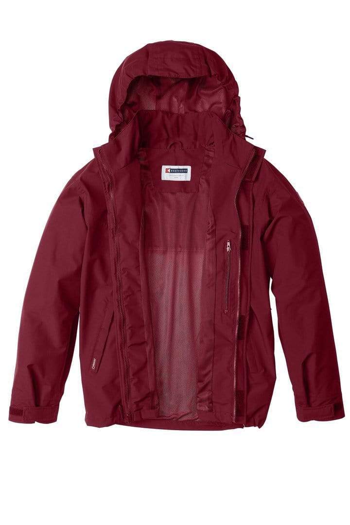 Blitz Waterproof Jacket: burgundy shell, open front and lining.