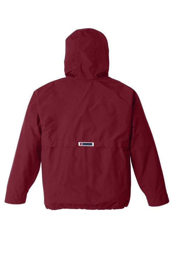 Blitz Waterproof Jacket: burgundy shell, back view.