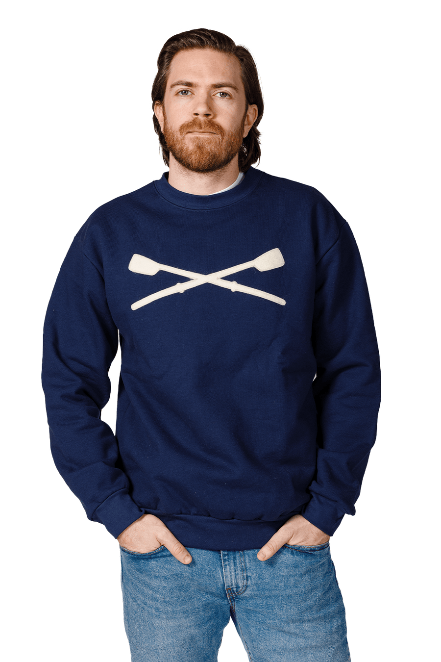 Oars Felt Crewneck Sweatshirt: model wearing navy crossed-oars sweatshirt.