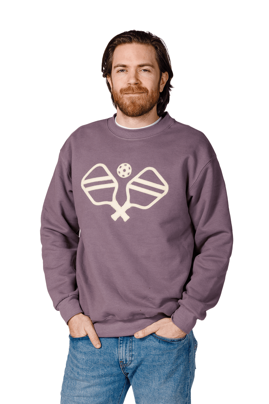 Pickleball Felt Crewneck Sweatshirt: model wearing mauve pickleball crewneck.